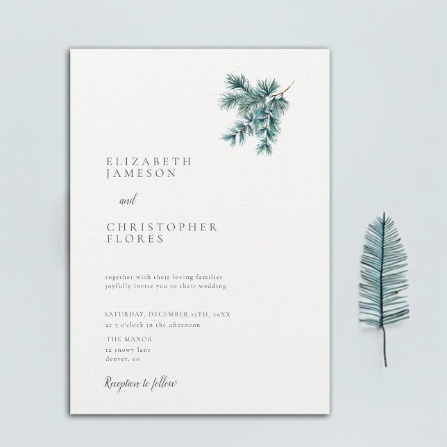 Winter-minimalistisk Gräs, Botaniskt Elegant bröll Inbjudningar (minimalist winter wedding invitation pine tree branch botanical mountain holidays snow elegant)