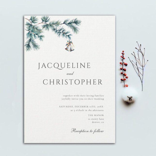 Winter-minimalistisk Gräs Elegant Chic Bröllop Klo Inbjudningar (minimalist winter wedding invitation botanical pine branch elegant modern classic christmas bells)