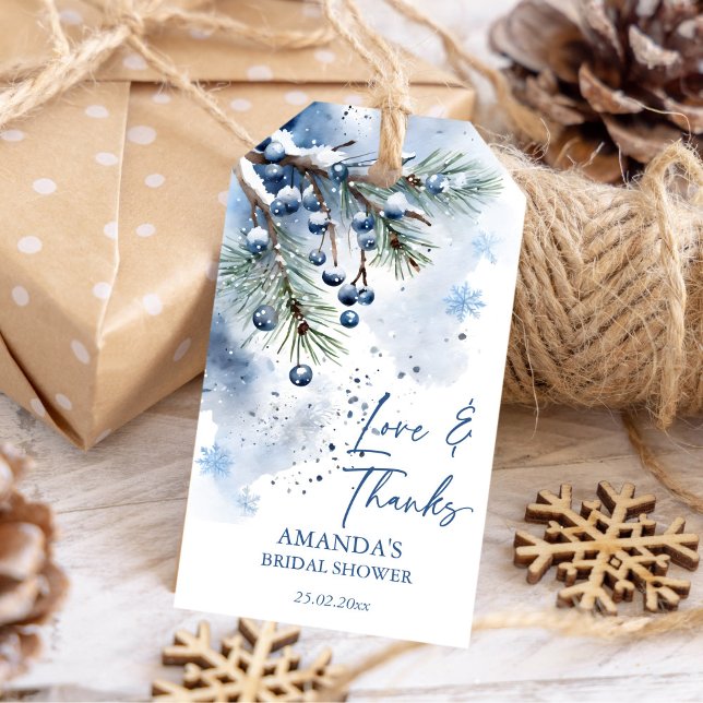 Winter möhippa vattencolor snowy gräs presentetikett (Winter bridal shower watercolor snowy pines thank you favor gift tags blue winter berries )