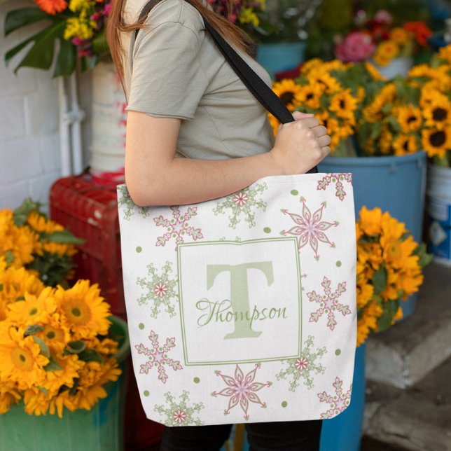 Winter Monogram Snowflake Modern Helgdag Snyggt Tygkasse (Christmas colorful snowflake pattern monogram tote bag)