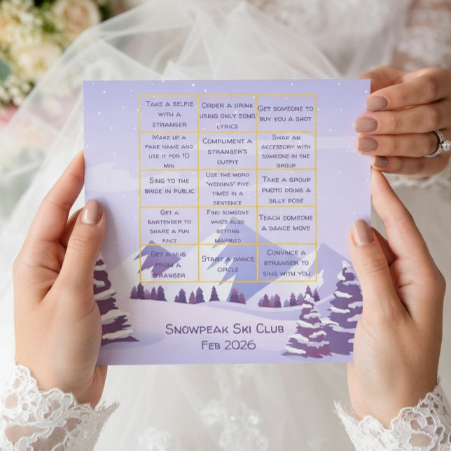 Winter Mountain Bachelorette Party Bingo Game Card Tack Kort (Skapare uppladdad)