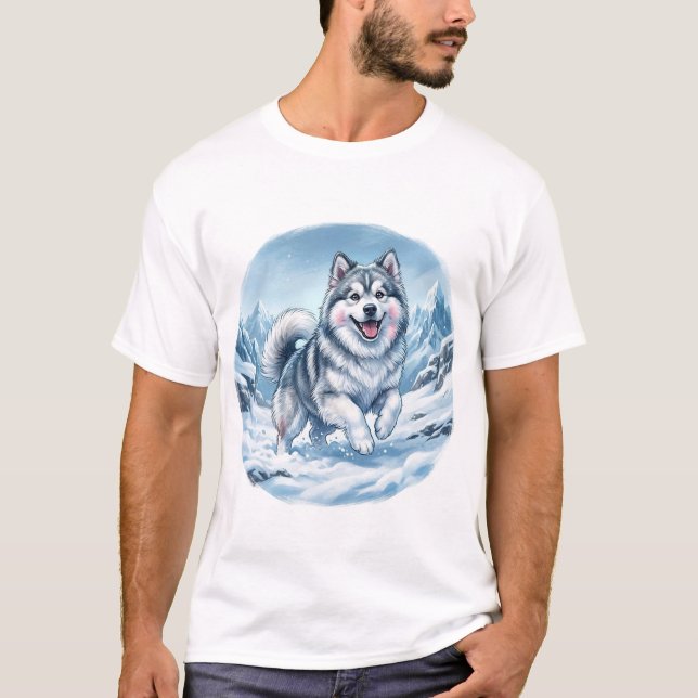 Winter Mountain Dog Chest Print T Shirt (Framsida)