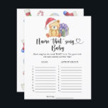 Winter nalle - Namn som Baby Sång<br><div class="desc">"Det är en Beary Sweet baby på väg." Fira med den här nallen,  den där babyduschen party! Vaterfärgssöt nalle med julklapp,  i tomhatt. På baksidan av kortet finns helgdag christmas mönster (candy cane,  julgran boll leksak,  julsockar). Matchande objekt är tillgängliga.</div>