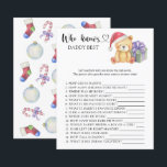 Winter-nallen - Vem vet vad pappa spelar bäst<br><div class="desc">"Det är en Beary Sweet baby på väg." Fira med den här nallen,  den där babyduschen party! Vaterfärgssöt nalle med julklapp,  i tomhatt. På baksidan av kortet finns helgdag christmas mönster (candy cane,  julgran boll leksak,  julsockar). Matchande objekt är tillgängliga.</div>