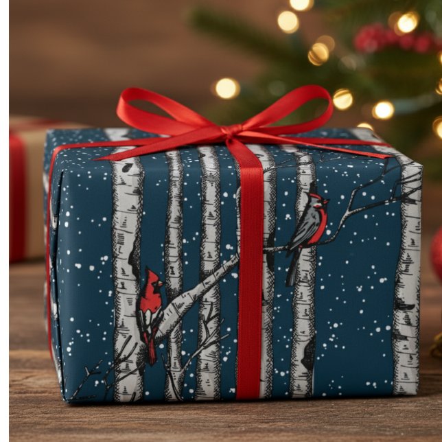 Winter Navy Blue Cardinal Birds Snow Birch Trees Presentpapper (Elegant Winter Wrapping Paper for Christmas. Modern Red Cardinals in Birch Forrest of Snowy Trees)
