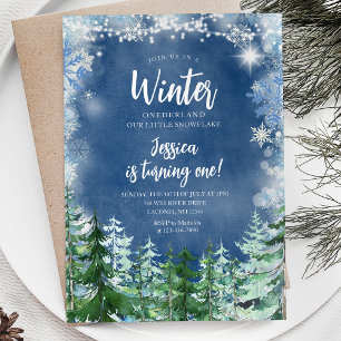 Winter Navy Snöflingor Onederland 1:a årsdagen Inbjudningar