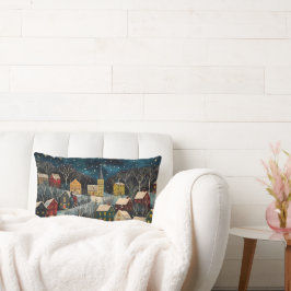 Winter Night Folk Art Oljemålning Cushion Lumbarkudde