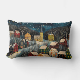 Winter Night Folk Art Oljemålning Cushion Lumbarkudde