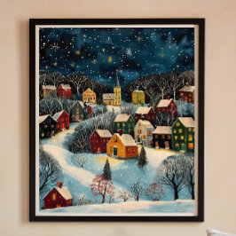 Winter Night Folk Art Oljemålning Poster