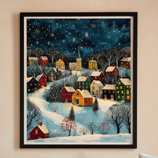 Winter Night Folk Art Oljemålning Poster