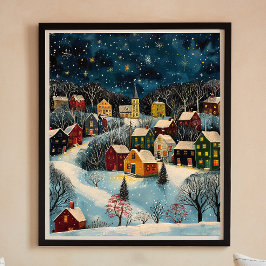 Winter Night Folk Art Oljemålning Poster