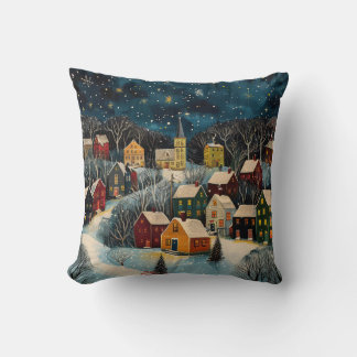 Winter Night Folk Art Oljemålning Poster Kudde