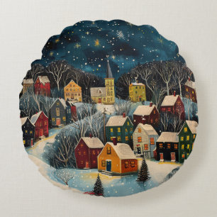 Winter Night Folk Art Oljemålning Poster Rund Kudde