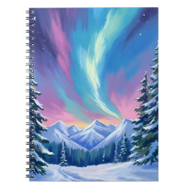 Winter Night Northern Lights Watercolor Mountain Anteckningsbok