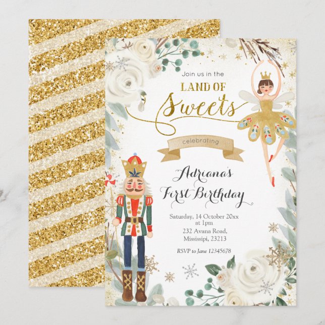 Winter Nutcracker Land of Sweets Birthday Invati Inbjudningar (Fram/baksida)