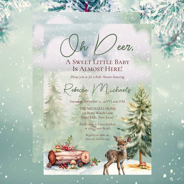 Winter Oh Hjort A Sweet Little Baby Shower Inbjudningar ("Oh Deer, A Sweet Little Baby Is Almost Here!" Gender Neutral Deer Fawn Winter-Themed Baby Shower)