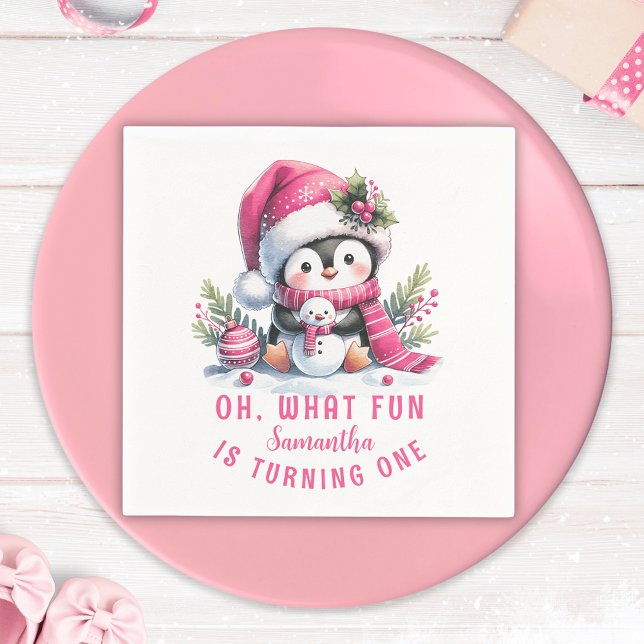 Winter Oh What Roligt Penguin Rosa Girl 1 Birthday Pappersservett (Skapare uppladdad)