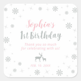 Winter onderland, Silver och Rosa 1:a födelsedag Fyrkantigt Klistermärke