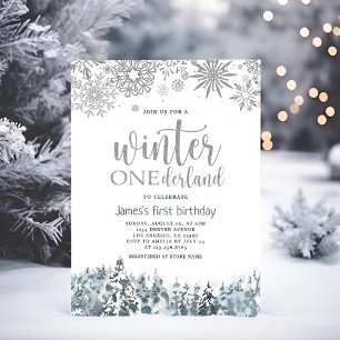 Winter Onderland Silver Snöflingor 1:a födelsedag Inbjudningar