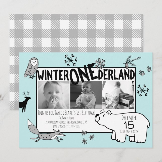 Winter One-derland 1:a födelsedagen Tri Photo Wood Inbjudningar (Fram/baksida)