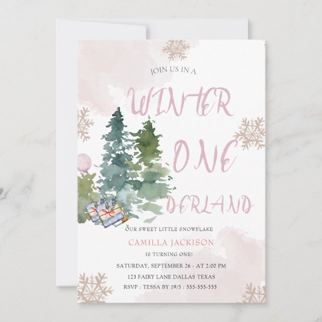 Winter ONE Derland Rosa Girl 1:a födelsedagen Inbjudningar (Framsida)
