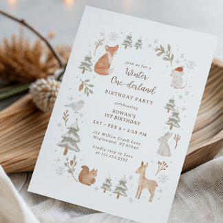 Winter One-derland Woodland First Birthday Inbjudningar