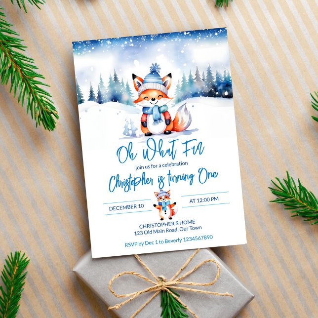 Winter onederalnd söt fox födelsedagsfest inbjudningar (Winter onderland cute fox birthday editable template invitation digital download watercolor forest)