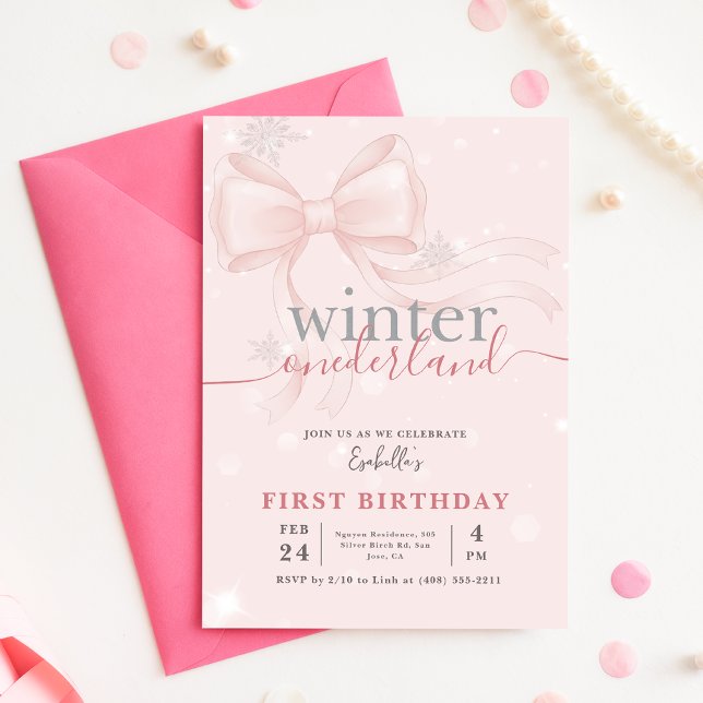 Winter Onederlan Pink Bow Baby First Birthday Inbjudningar (Skapare uppladdad)