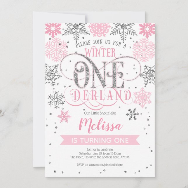 Winter Onederland 1:a årsdagen, Rosa silver Inbjudningar (Framsida)