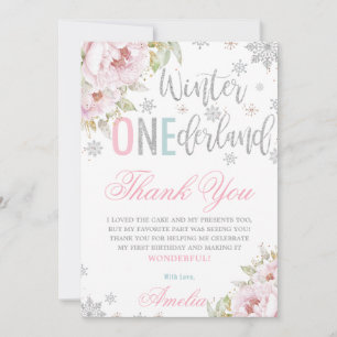 Winter ONEderland 1:a födelsedag Blommigt Silver S Tack Kort