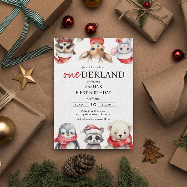 Winter Onederland 1:a födelsedag Djur Inbjudningar (Winter Onederland 1st birthday Christmas Invitation Polar Animals)
