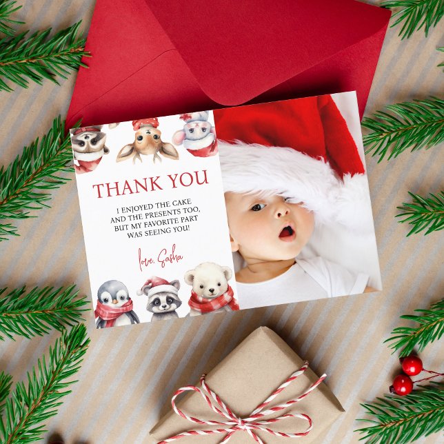 Winter Onederland 1:a födelsedag Djur Tack Kort (Winter Onederland - 1st birthday thank you card)