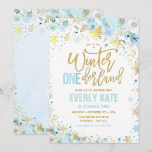 Winter ONEderland 1:a födelsedag Guld Mint Blue Inbjudningar