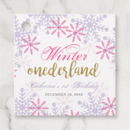 Winter Onederland 1:a födelsedag Lila Rosa Snö Gåvor Etiketter