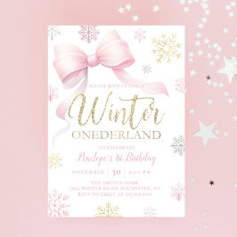 Winter Onederland 1:a födelsedag Rosa Bow Snowflak Inbjudningar