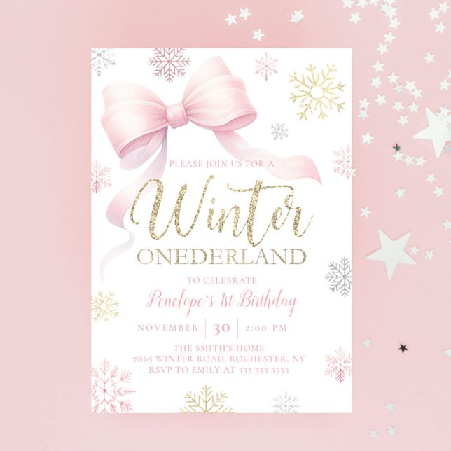 Winter Onederland 1:a födelsedag Rosa Bow Snowflak Inbjudningar (Skapare uppladdad)