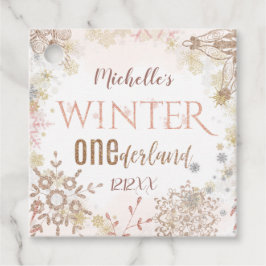 Winter Onederland 1:a födelsedag Rosa Snowflake Gåvor Etiketter