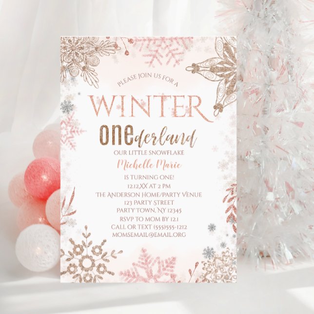 Winter Onederland 1:a födelsedag Rosa Snowflake Inbjudningar (Skapare uppladdad)