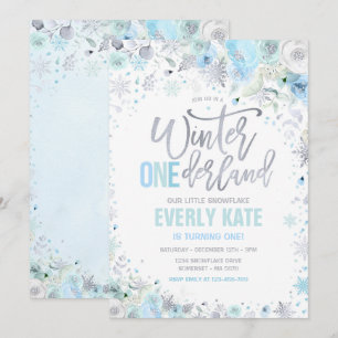 Winter ONEderland 1:a födelsedag Silver Blue Mint Inbjudningar