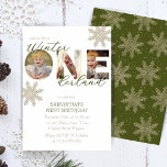 Winter ONEderland 1:a födelsedag Snowflake Photo Inbjudningar<br><div class="desc">Winter ONEderland-inbjudan med elegant snöflingor,  plats för foton och ett program för festlig grönt och guld färg,  perfekt för en vinterfödelsedag.</div>