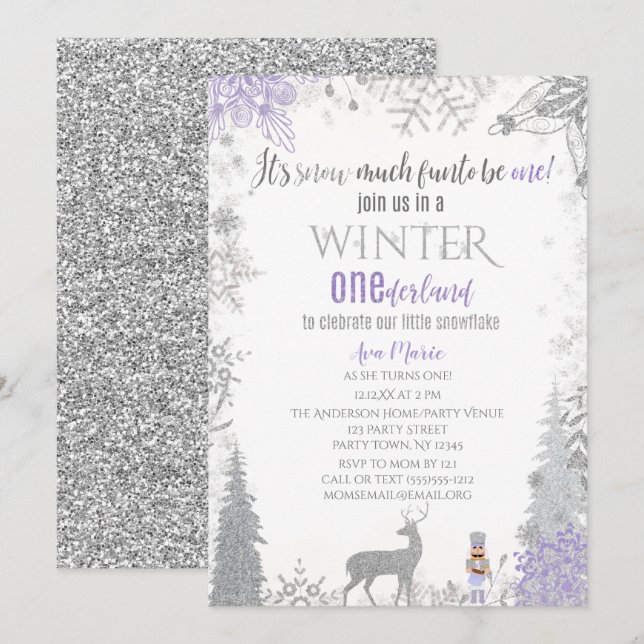 Winter Onederland 1:a födelsedagen Lavender Snowfl Inbjudningar (Fram/baksida)