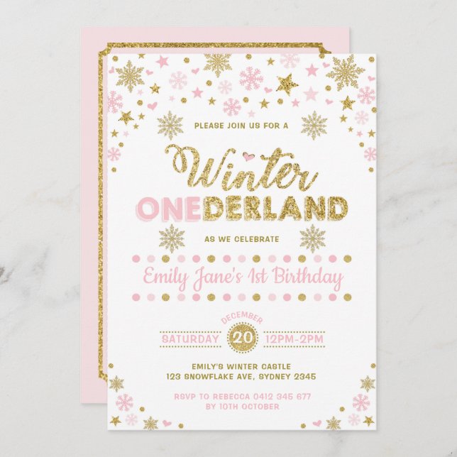 Winter ONEderland 1:a födelsedagen Party Rosa Guld Inbjudningar (Fram/baksida)