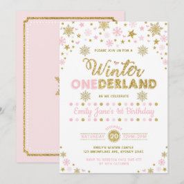 Winter ONEderland 1:a födelsedagen Party Rosa Guld Inbjudningar