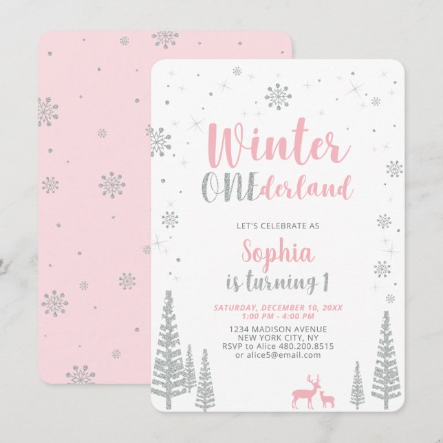 Winter Onederland 1:a, första födelsedagen, flicka Inbjudningar (Fram/baksida)
