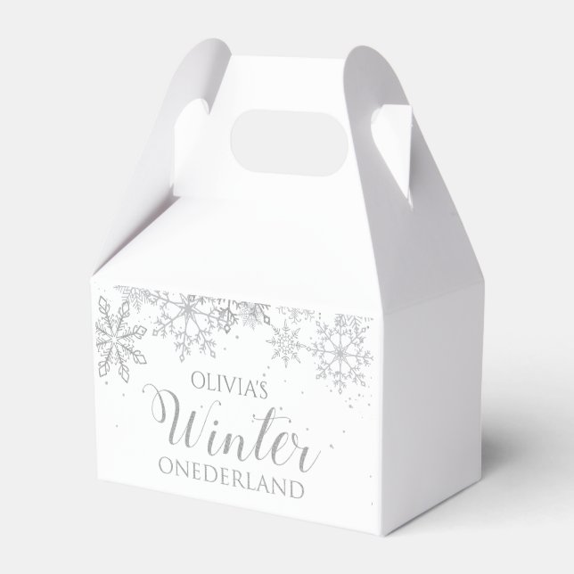 Winter ONEderland 1-årsdag Silver Snöflinga Presentaskar (Framsidan Sidan)