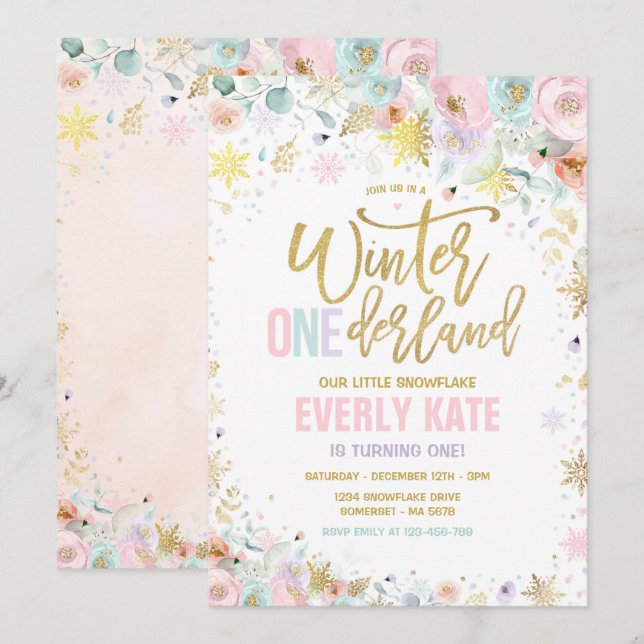 Winter ONEderland 1st Birthday Guld Lilac Rosa Inbjudningar (Fram/baksida)
