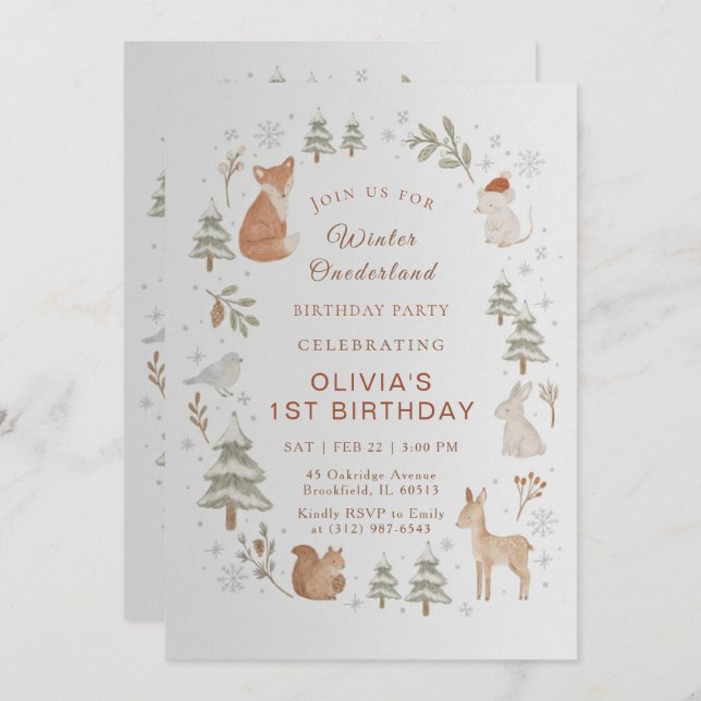 Winter ONEderland 1st Birthday Invitation Editable Inbjudningar (Fram/baksida)