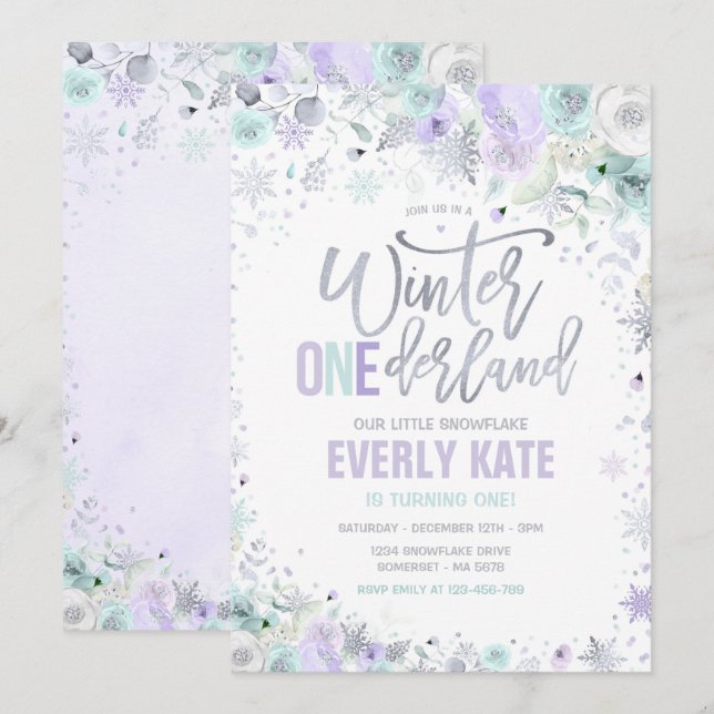 Winter ONEderland 1st Birthday Silver Lilac Lila Inbjudningar (Fram/baksida)