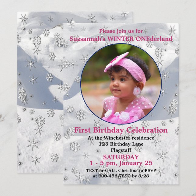 Winter ONEderland 1st Birthday Snowflake-mall Inbjudningar (Fram/baksida)