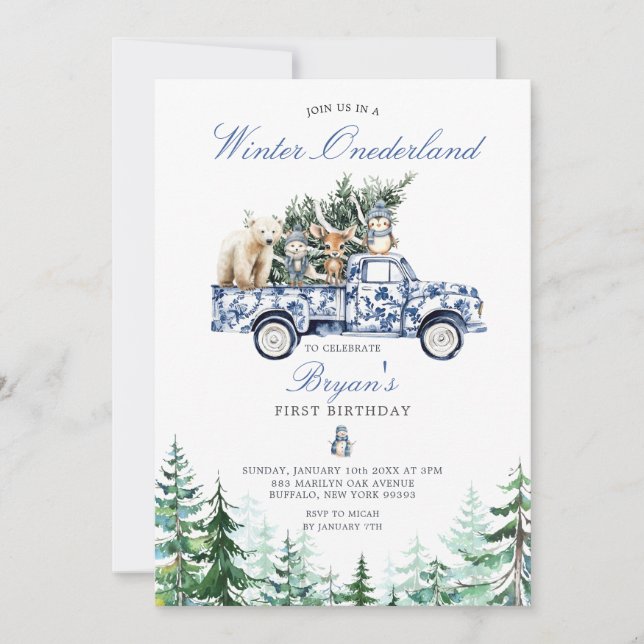 Winter Onederland Animals Chinoiserie 1:a födelsed Inbjudningar (Framsida)